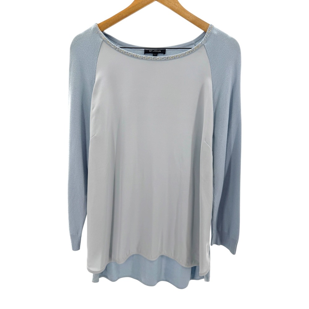 St John Silk Front Knit Top L Blue Cashmere Blend Studded Embellished Sweater
